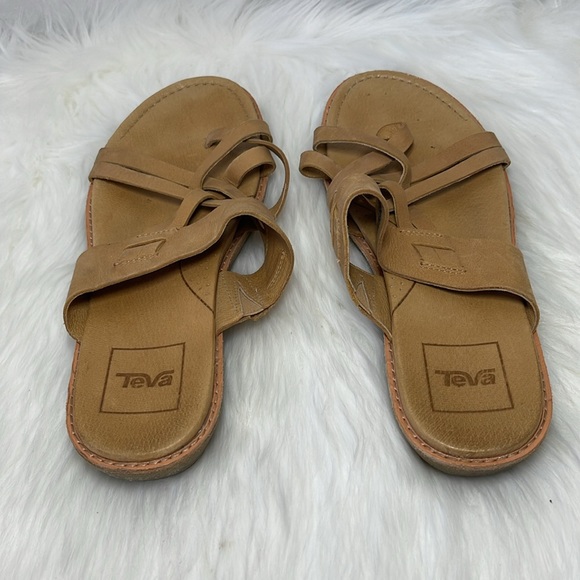Teva Encanta Like New Tan Leather  Strappy Thong Slide Sandals Sz 10 - Picture 4 of 7